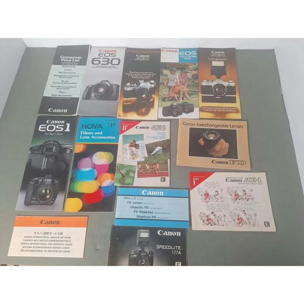 Vintage Canon Camera Manual Lot AE-1 EOS FD Lens Speedlite Brochure Guide
